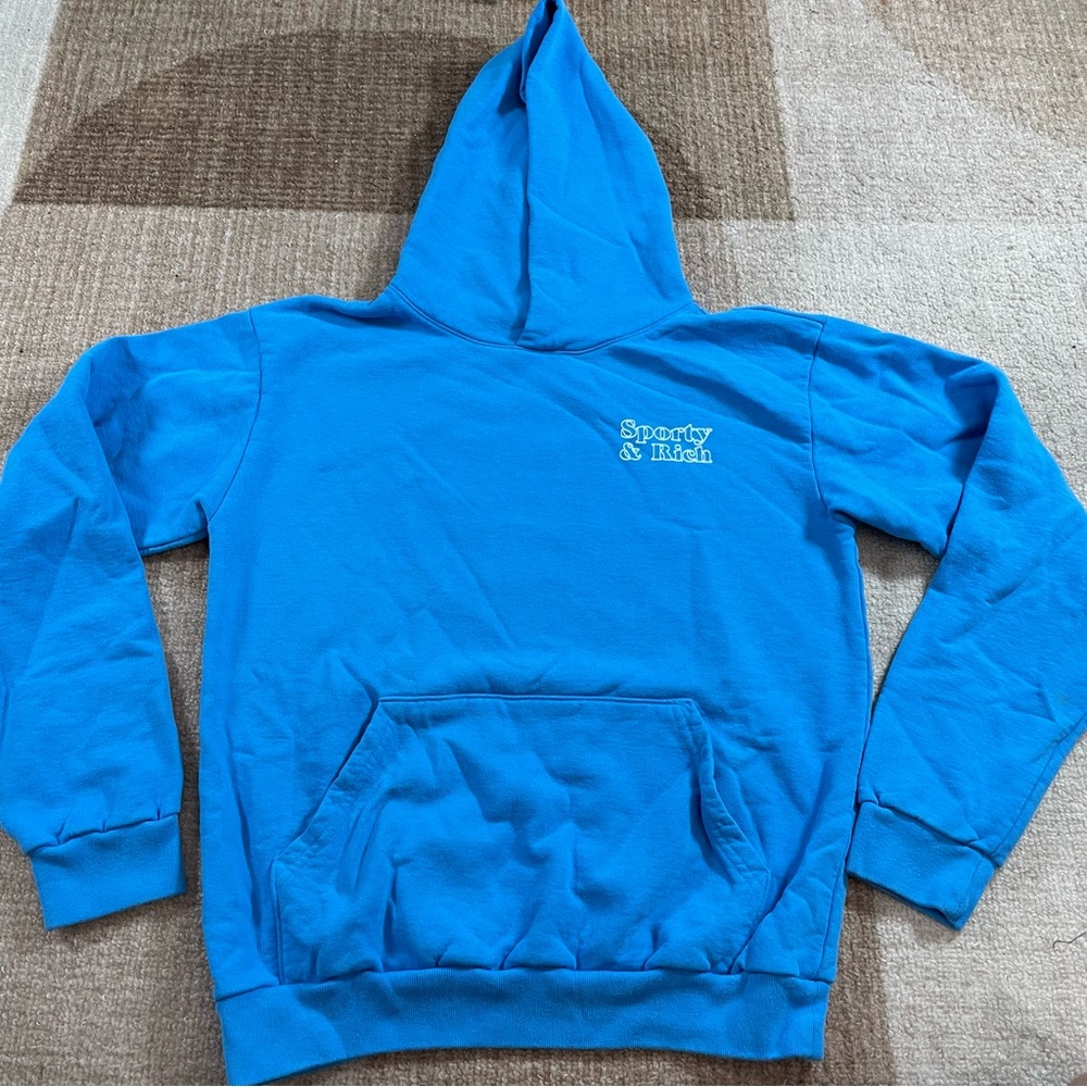 NEW SPORTY & RICH BLUE FUN LOGO HOODIE SZ SMALL S